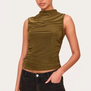 Olive Double Layer Slinky Ruched Detail Long Top