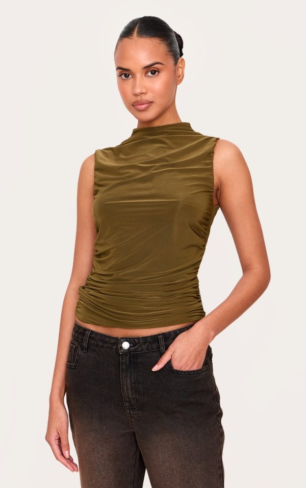 b05ef2fa197294f6d93635d0a9aa48b8a49c2f58_CNM1499_1_olive_double_layer_slinky_ruched_detail_long_top