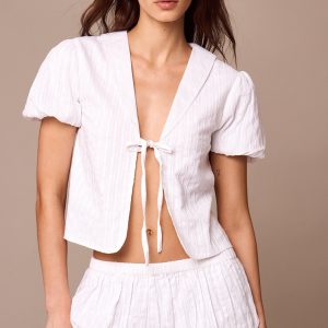 White Embroidered Cotton Tie Front Blouse