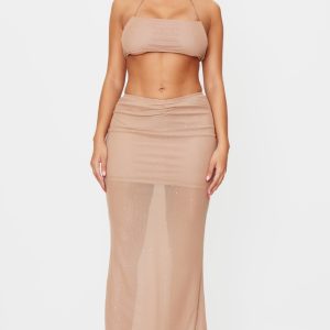 Shape Stone Glitter Low Rise Ruched Front Fishtail Maxi Skirt