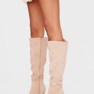 Beige Faux Suede Point Toe Ruched Knee High Stiletto Boots