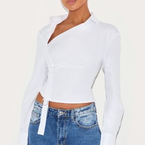 White Ruched Buckle Asymmetric Shirt