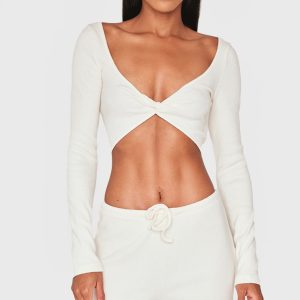Cream Brushed Rib Twist Front Long Sleeve Bardot Top