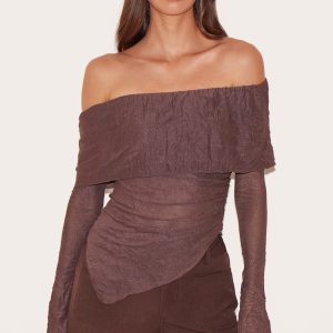 Chocolate Crinkle Mesh Fold Over Detail Bardot Long Sleeve Top