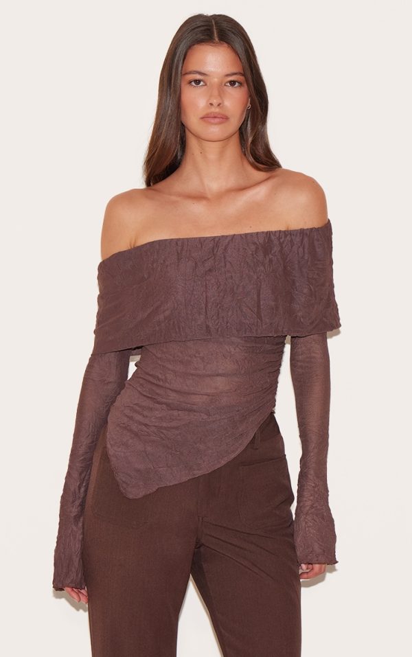 b10e50506d1364df200617253ce78d13fba029fb_CNM4284_1_chocolate_crinkle_mesh_fold_over_detail_bardot_long_sleeve_top