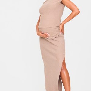 Maternity Taupe Brushed Rib Ruched Detail Foldover Maxi Skirt