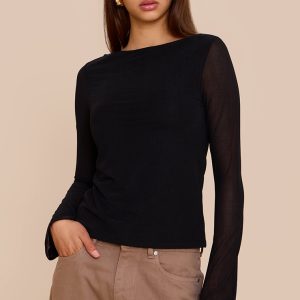 Black Stretch Chiffon Loose Fit Flared Long Sleeve Top
