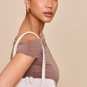 White Textured Faux Leather Bowler Bag