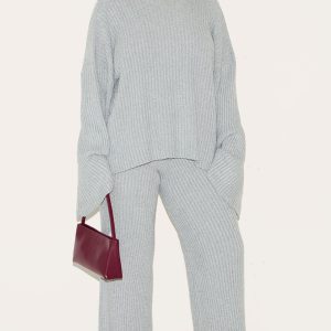 Plus Ash Grey Rib Boucle Knit Wide Leg Trouser
