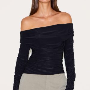 Black Double Layer Slinky Ruched Detail Bardot Long Sleeve Top