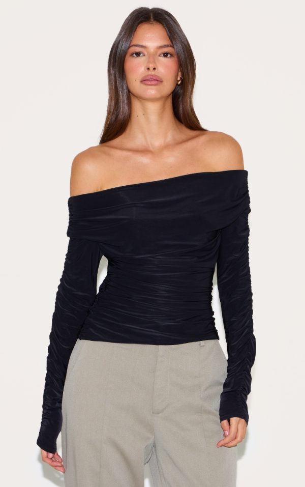 b197066d913894796951e3a8a9a643ae6135fe57_CNM5811_1_black_double_layer_slinky_ruched_detail_bardot_long_sleeve_top