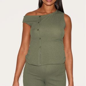 Maternity Dark Khaki Textured Asymmetric Button Top
