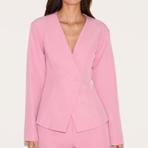 Candy Pink Tailored Cinched Waist Asymmetric Blazer