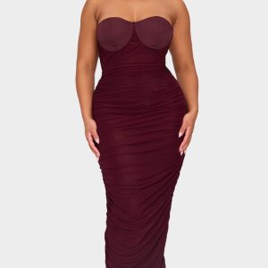 Plus Burgundy Mesh Ruched Cup Detail Maxi Dress