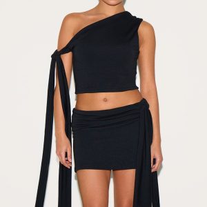Petite Black Contour Jersey Tie Detail Crop Top
