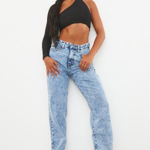 Mid Blue Acid Wash High Waist Straight Leg Jeans
