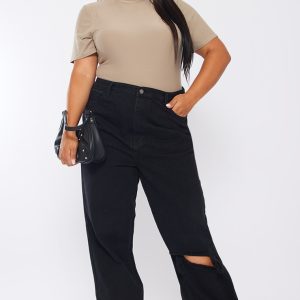 Plus Black Wash Open Knee Long Leg Straight Leg Jeans