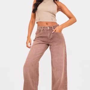 Tall Washed Brown Mid Rise Wide Leg Jeans
