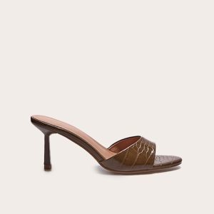Wide Fit Chocolate Croc Pu Round Toe Mid Stiletto Heel Mules