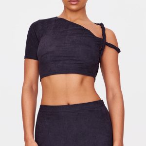 Black Faux Suede Twist Strap Detail Crop Top