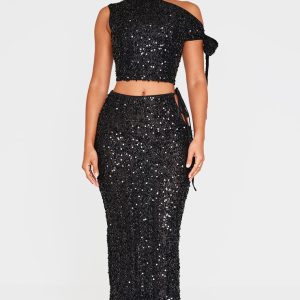 Petite Black Cut Out Side Sequin Maxi Skirt