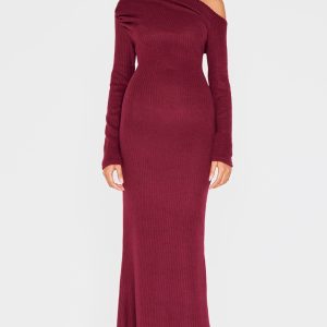 Burgundy Brushed Rib Asymmetric Maxi Dress