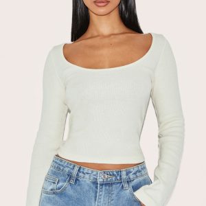 Petite Cream Ribbed Long Sleeve Top