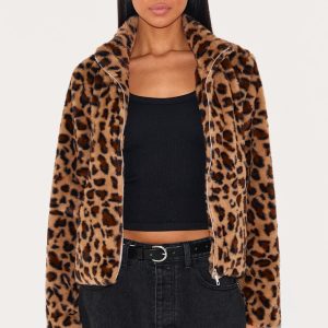 Brown Leopard Fleece Zip Up Jacket