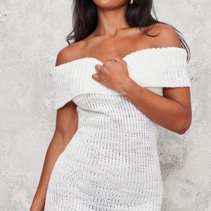 White Chunky Knit Foldover Bandeau Mini Dress
