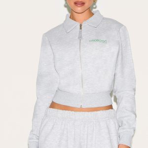 Ash Grey Fitted Zip Through Collar Sweatshirt