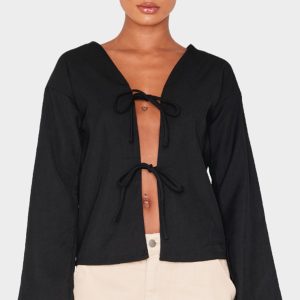 Black Woven Tie Front Flared Sleeve Shirt