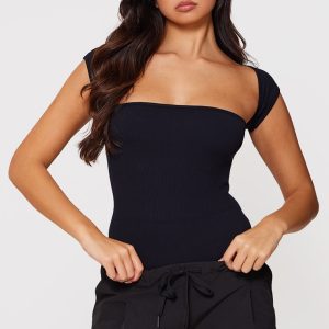 Black Contour Rib Cut Out Short Sleeve Bodysuit