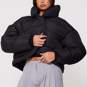 Black Quilted Asymmetric High Neck Puffer Jacket
