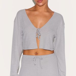 Petite Ash Grey Soft Ribbed Tie Front Top