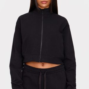 Black Premium Interlock Zip Through Boxy Sweatshirt