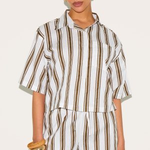 Petite Beige Striped Linen Look Oversized Shirt
