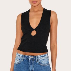 Black Soft Knit Plunge Detail Crop Top