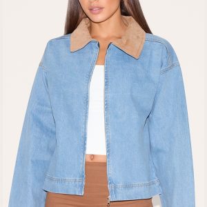 Tall Mid Blue Wash Suede Collar Denim Bomber Jacket