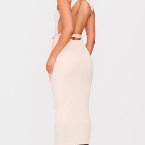 Cream Rib Cut Out Back Detail Tie Waist Midaxi Dress
