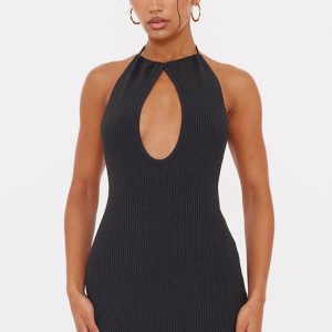 Black Fine Knit Halterneck Mini Dress