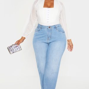 Plus White Eyelet Detail Mesh Sleeve Bodysuit