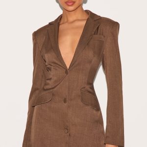Chocolate Woven Cinched Waist Blazer Dress