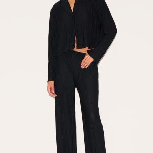 Black Textured Pleated Wide Leg Trousers
