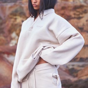 Oatmeal Embroidered Oversized Fit Collar Sweatshirt