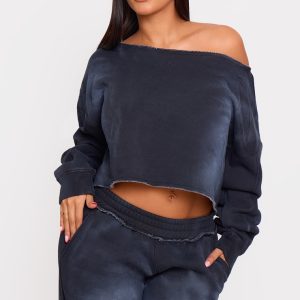 Shape Washed Black Raw Edge Off Shoulder Cropped Sweatshirt