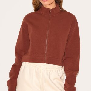 Chocolate Premium Interlock Zip Through Boxy Sweatshirt