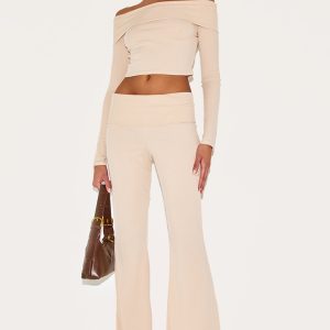 Beige Rib Low Rise Foldover Flared Trousers