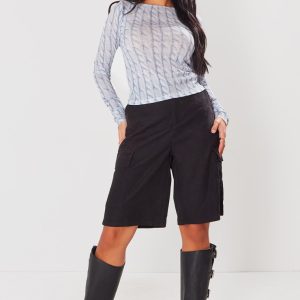 Grey Print Mesh Long Sleeved Long Top