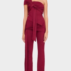 Burgundy Soft Touch Tie Detail Flared Trousers