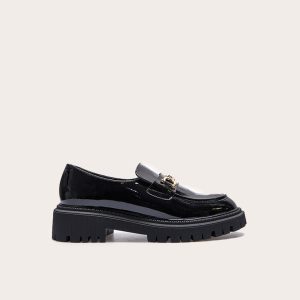 Black PU Round Toe Chunky Sole Chain Loafers